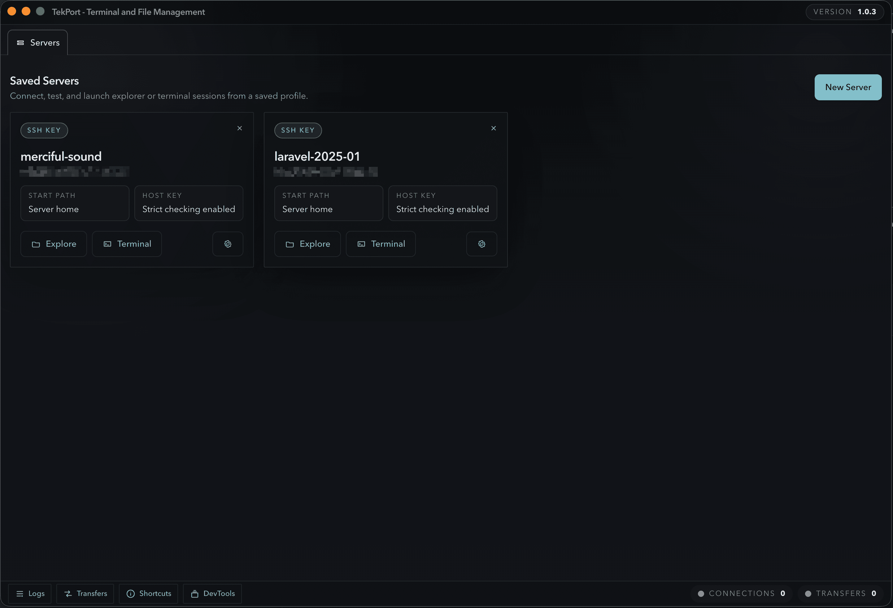 TekPort saved servers screen