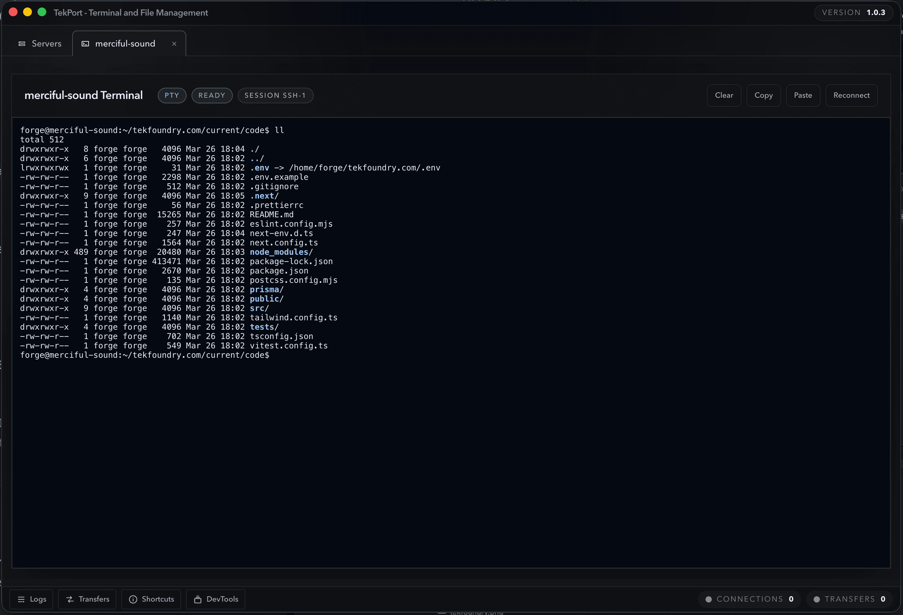 TekPort integrated terminal tab